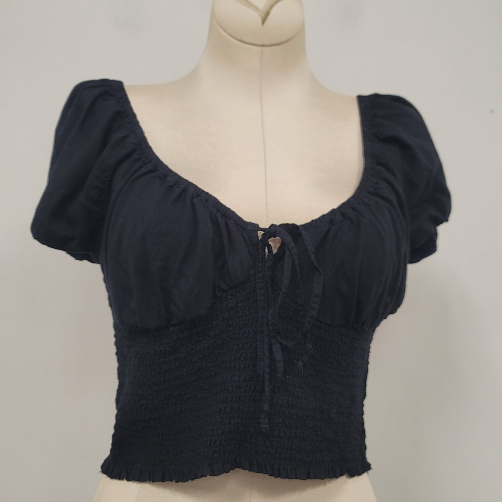 American Eagle Womens Black Smocked Babydoll Top Size M Dark Coquette Puff Bow